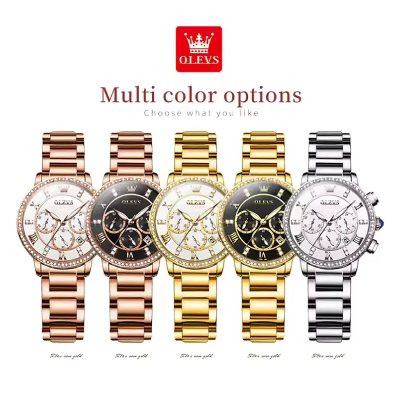 Olevs Chronograph White Dial Gold-tone Ladies Watch- 9976